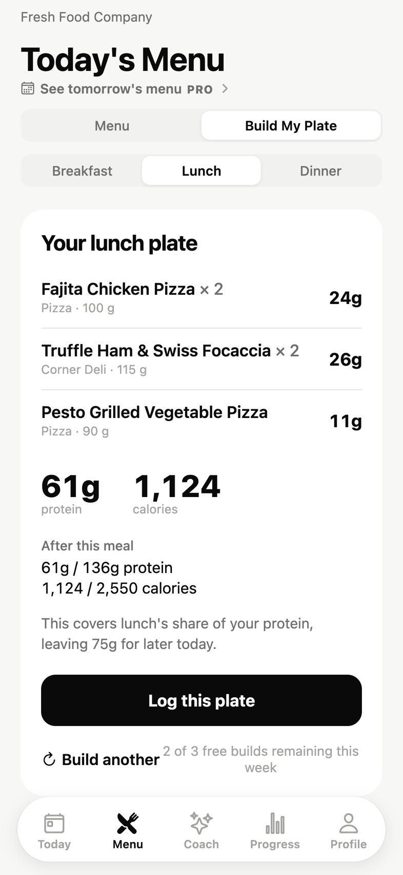 Build My Plate in MacroHall: a lunch plate from Fresh Food Company with 61g of protein and 1,124 calories