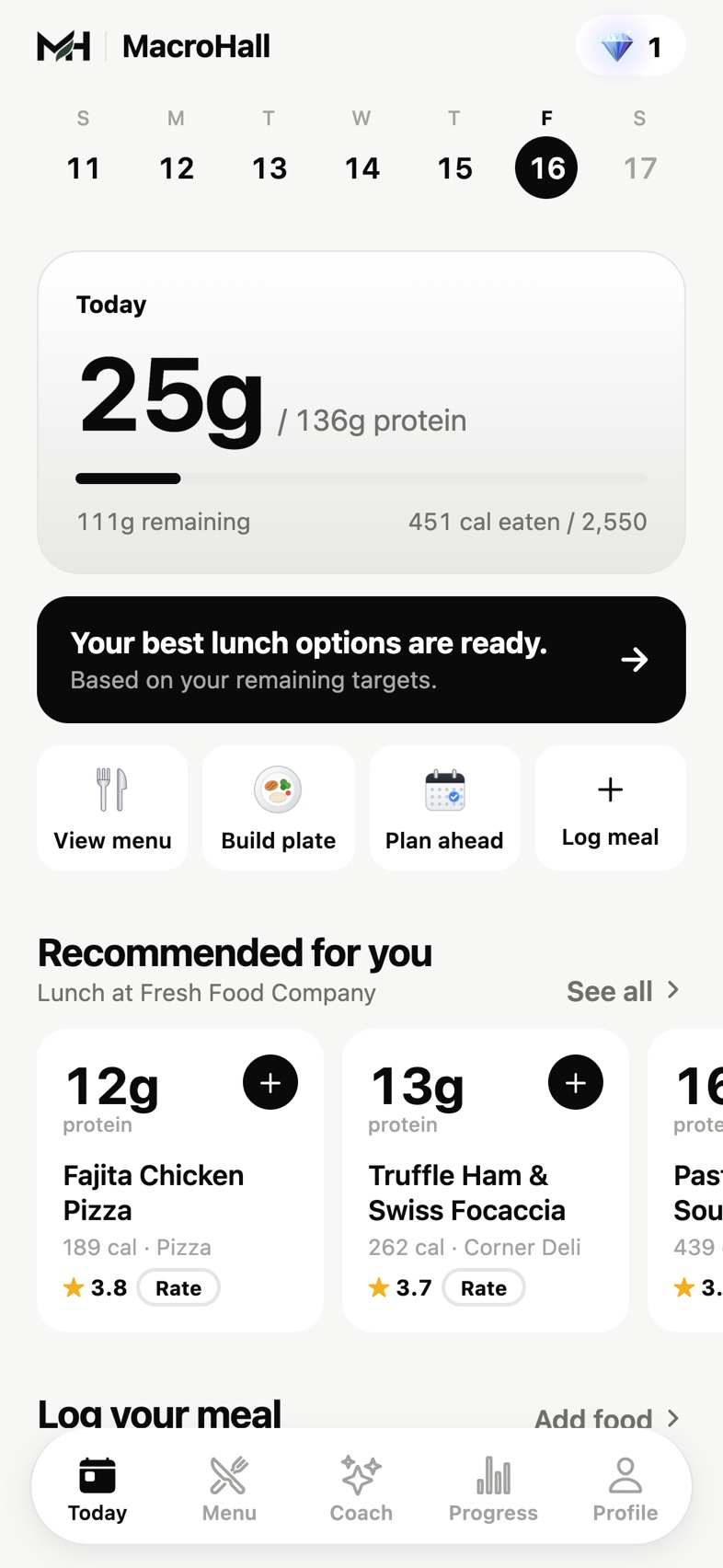 The MacroHall home screen: 25g of 136g protein eaten today, and recommended lunch dishes at Fresh Food Company